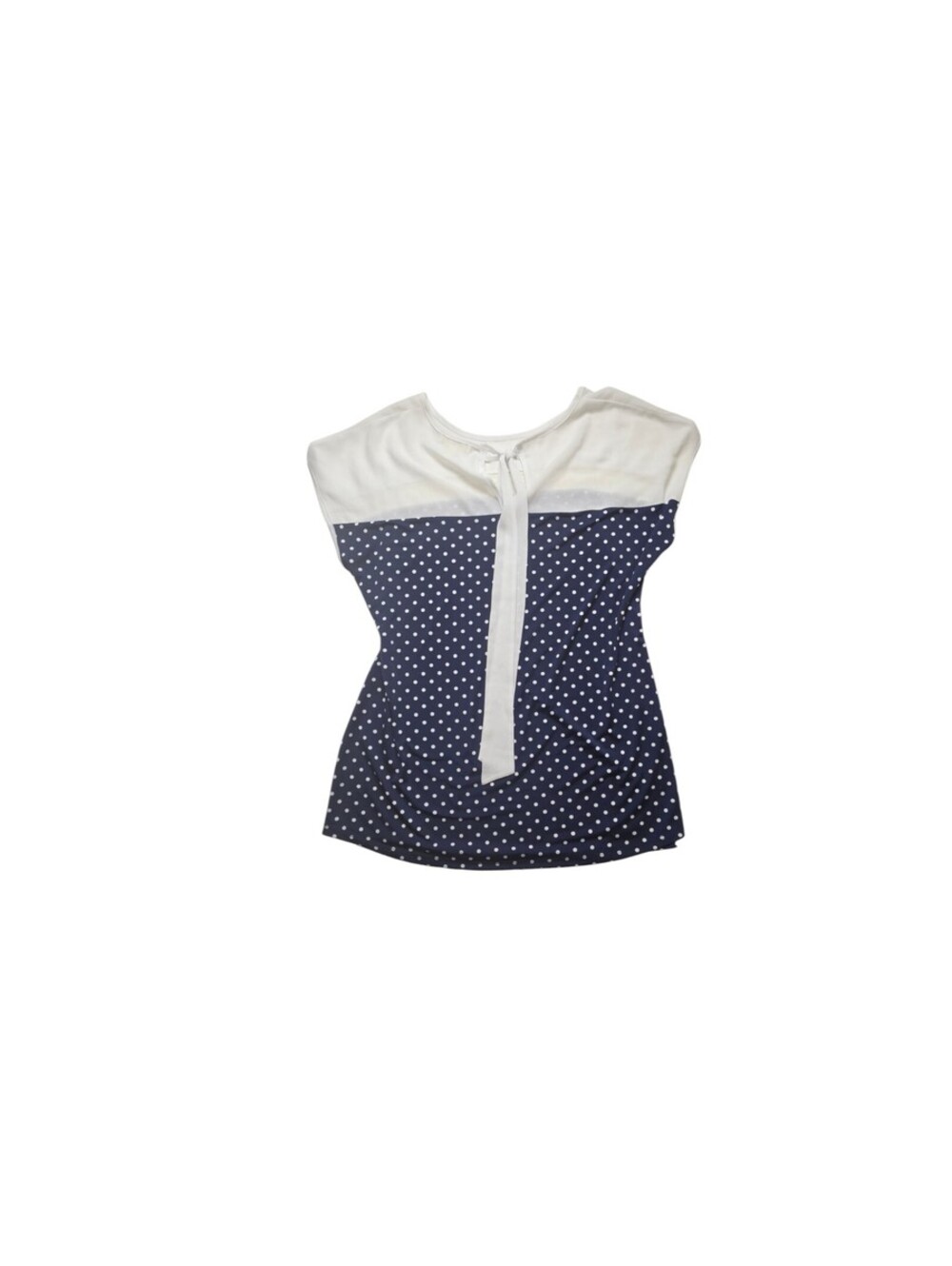 Navy Polka Dot Lace Fisherman Blouse Womens White Bow Back Faith and Joy Large